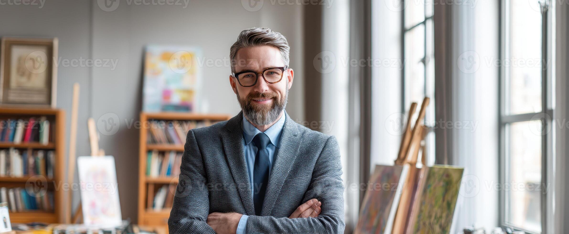 The confident man in a suit posing in an art studio setting. photo