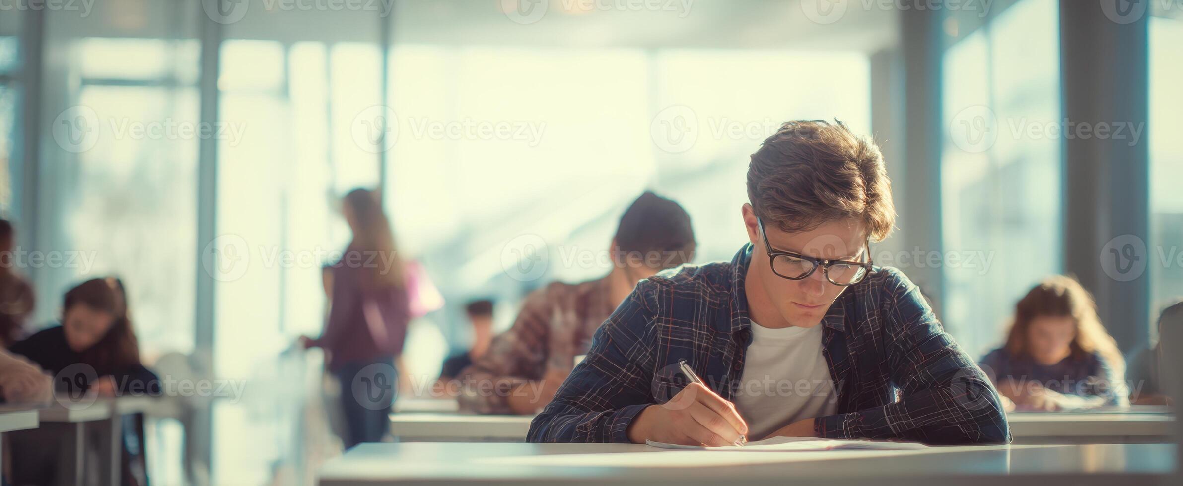 The student concentrating deeply during an important examination in a bright classroom photo