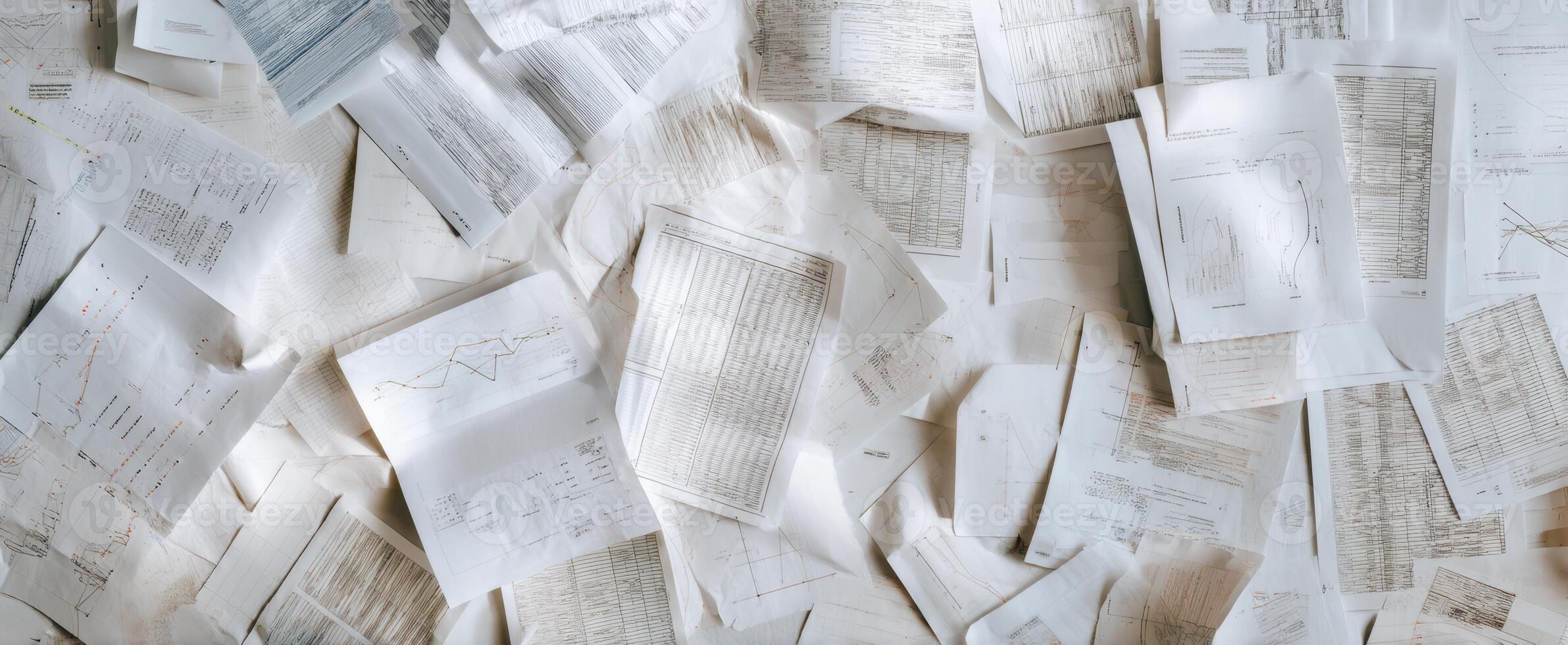 The scattered documents showcasing analysis and financial data on a messy workspace. photo
