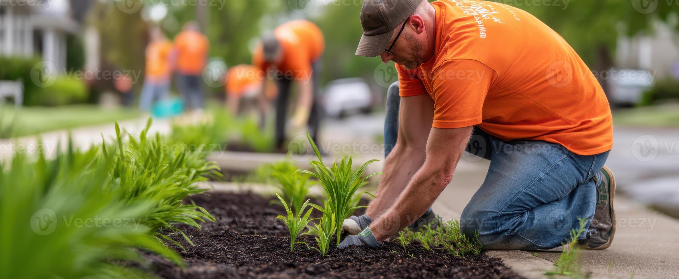 The dedicated gardener planting flowers in a community beautification project. photo