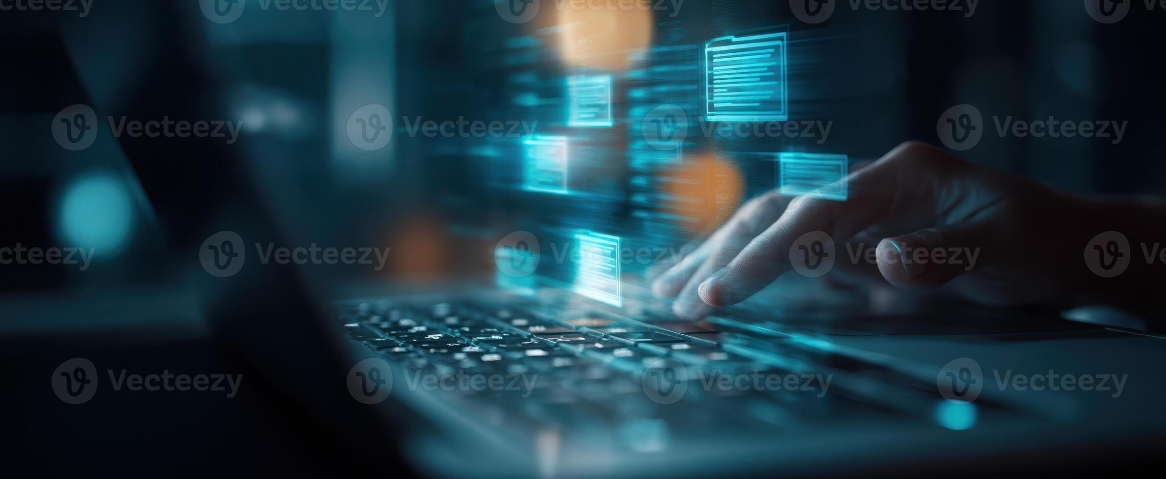 The hand interacting with a futuristic computer interface displaying digital data. photo