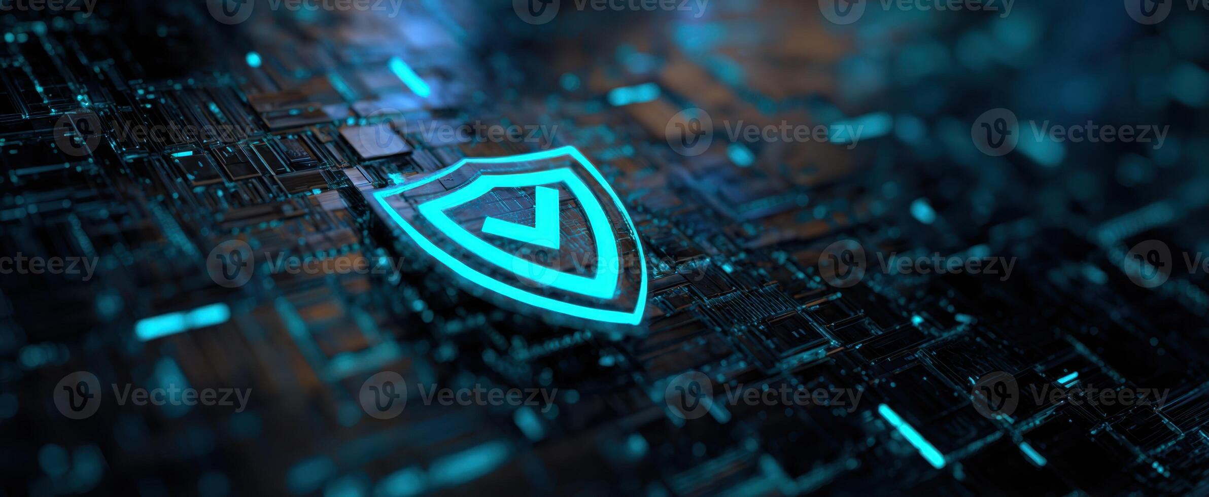 The Shield Symbol Representing Cybersecurity in a Futuristic Digital Landscape photo