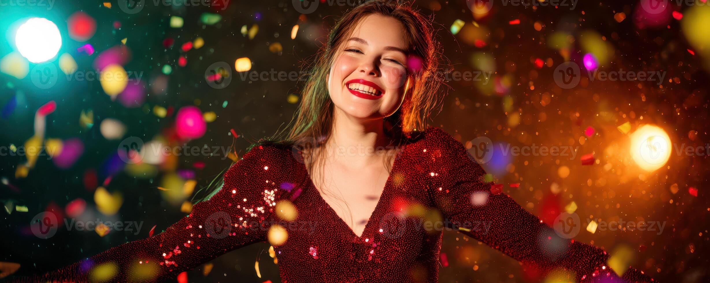 The joyful woman celebrating with confetti at a vibrant party atmosphere. photo