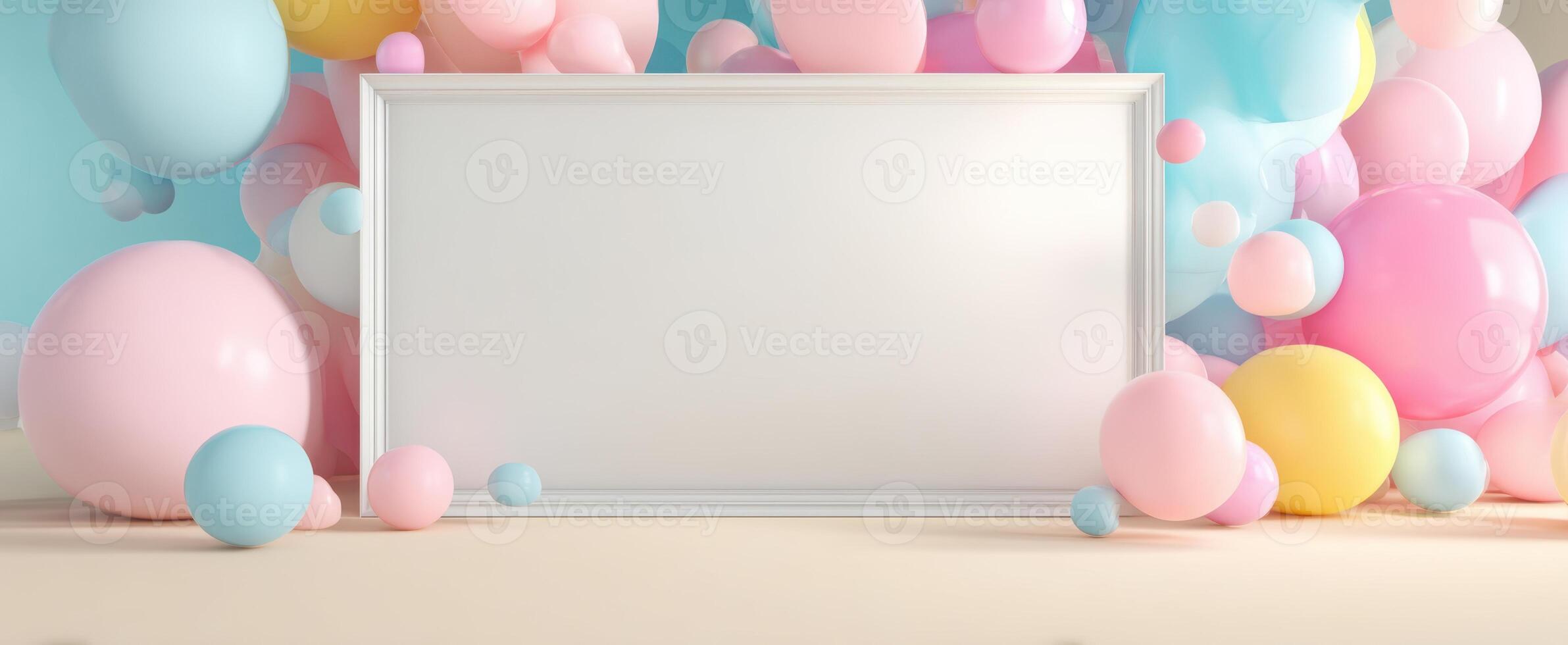 The Decorative Frame Surrounded by Colorful Balloons in a Festive Atmosphere. photo