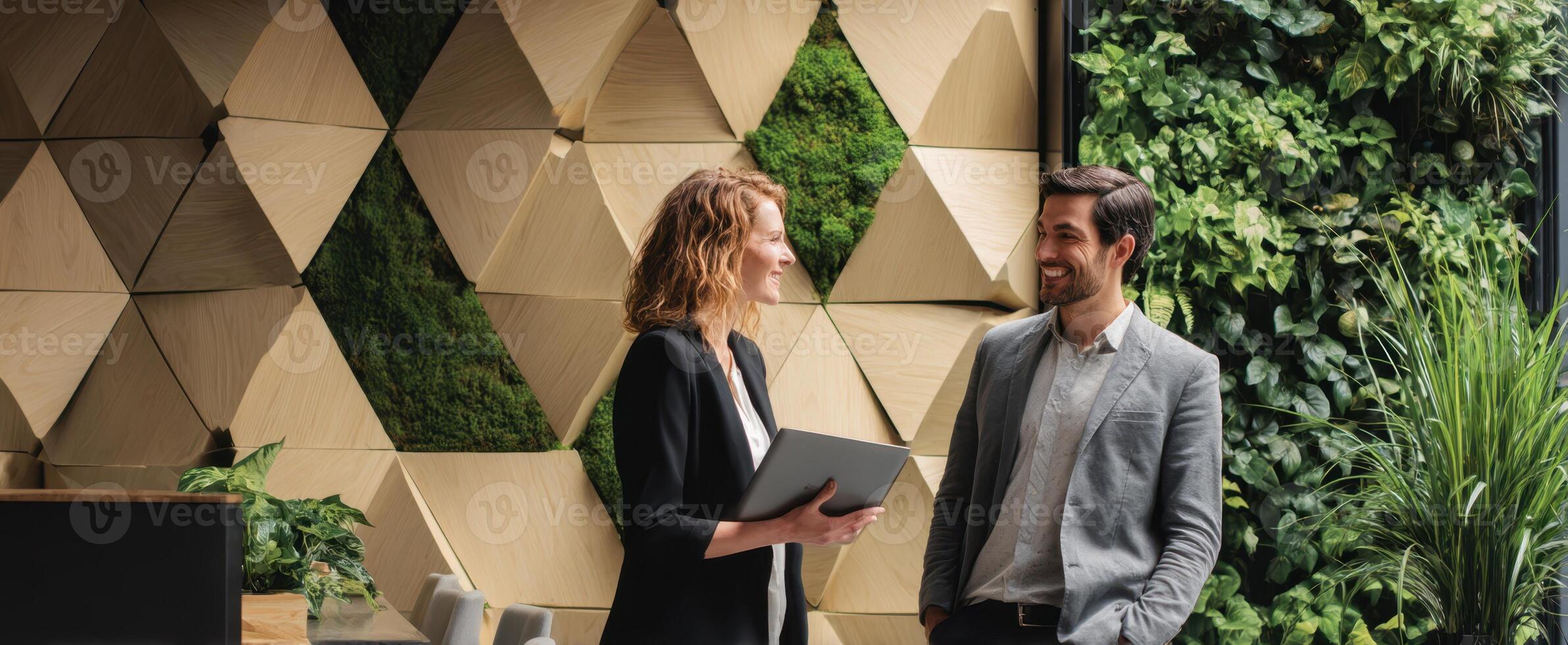 The modern workplace featuring engaged professionals collaborating in a green office environment. photo