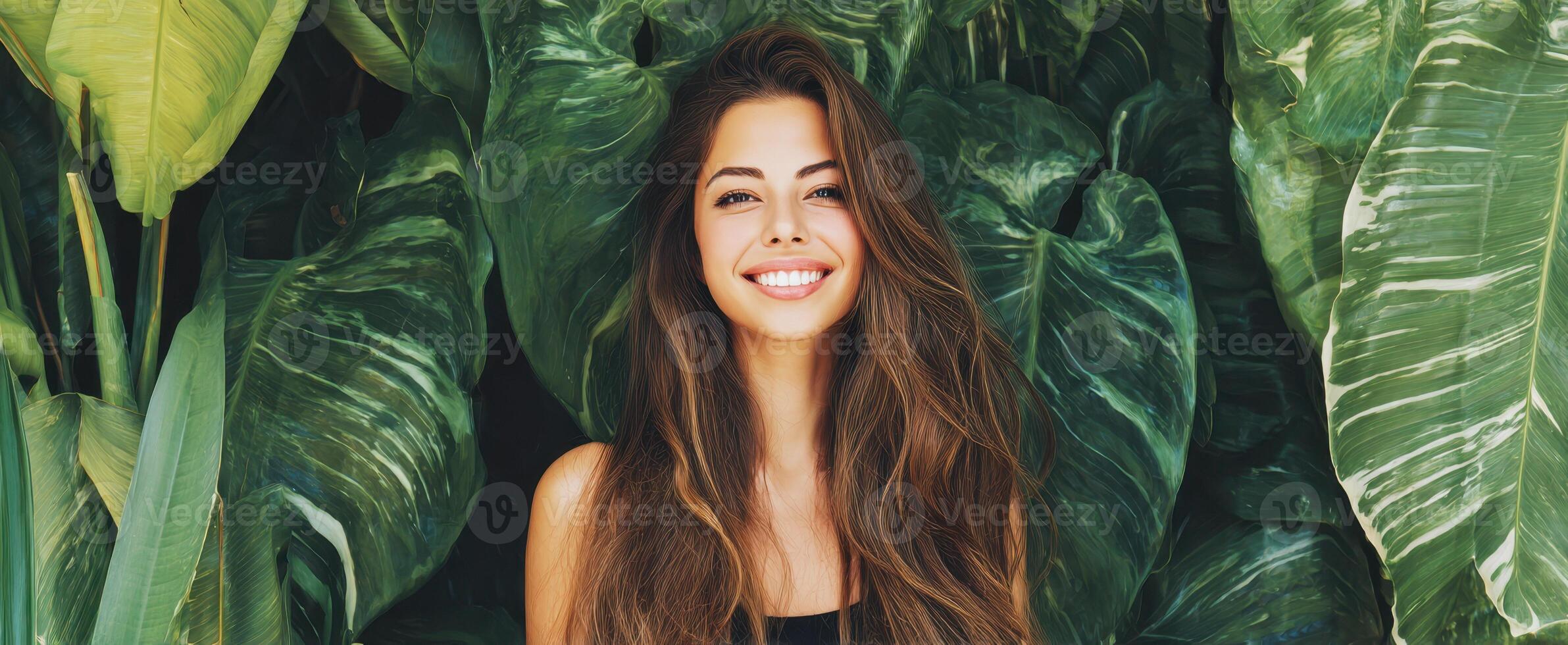 The joyful woman surrounded by lush green leaves and vibrant nature. photo