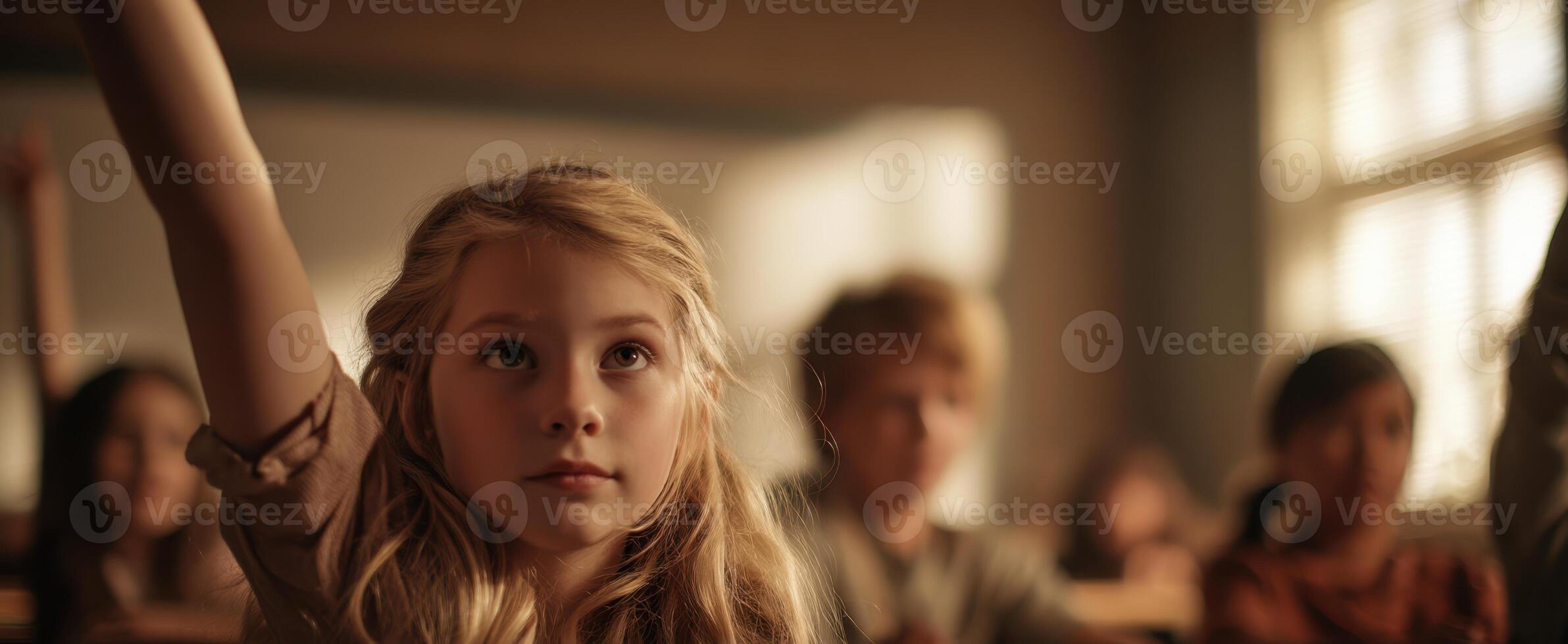 The attentive girl raising her hand in a classroom filled with students. photo