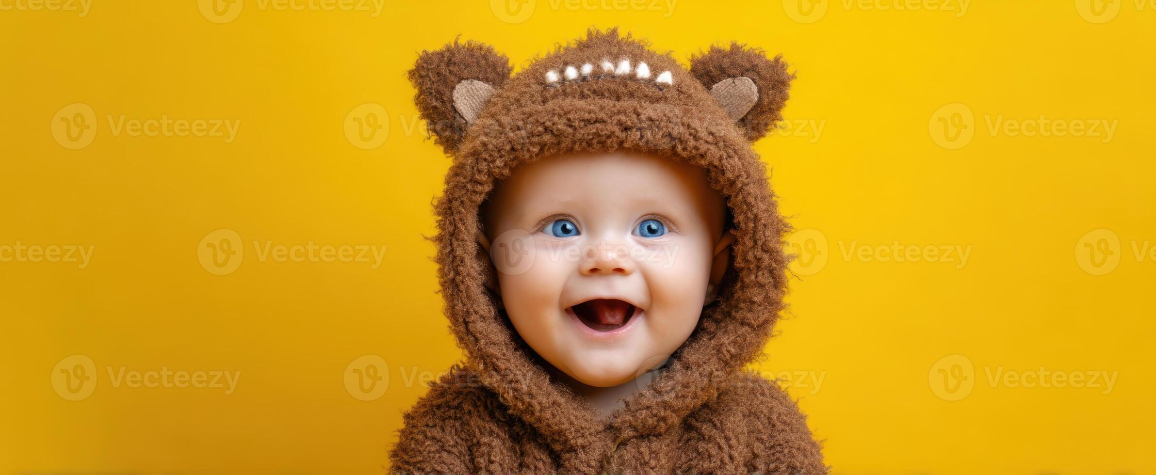 The adorable baby in a cozy bear costume smiling against a bright yellow background. photo