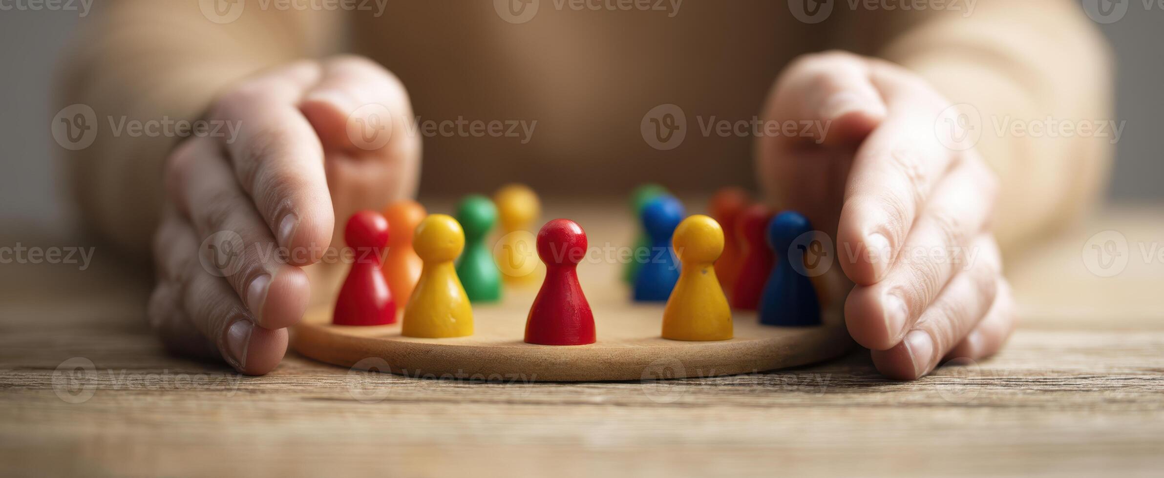 The vibrant game pieces surrounded by hands promoting teamwork and interaction. photo