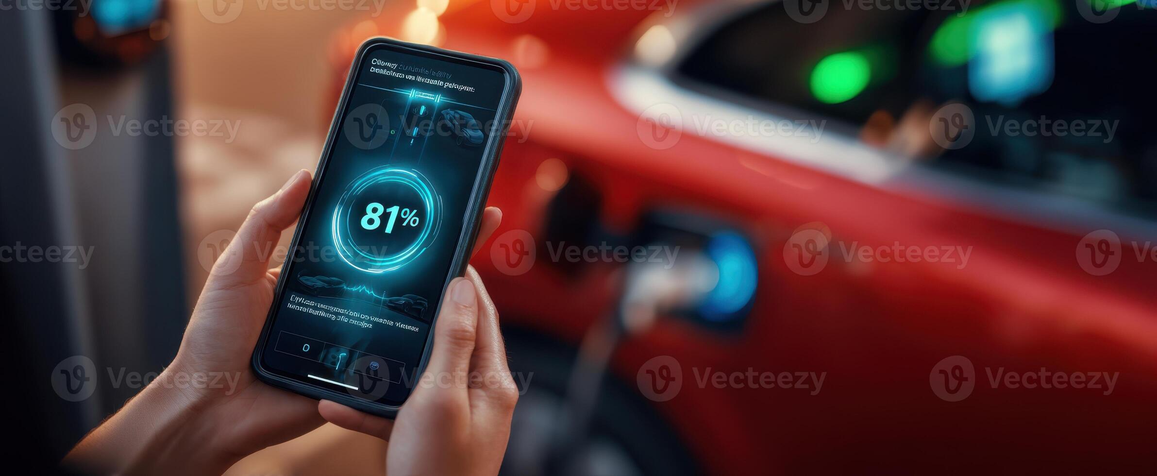 The smartphone displaying charging status of an electric vehicle in urban setting. photo