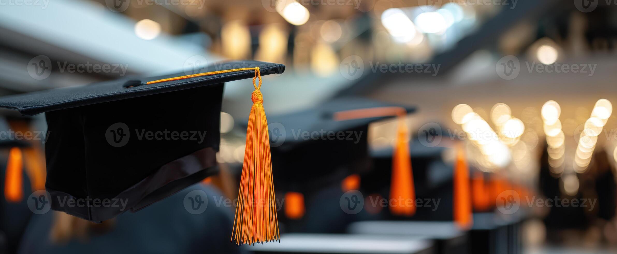 The graduation caps symbolize achievement and celebration at the commencement ceremony. photo