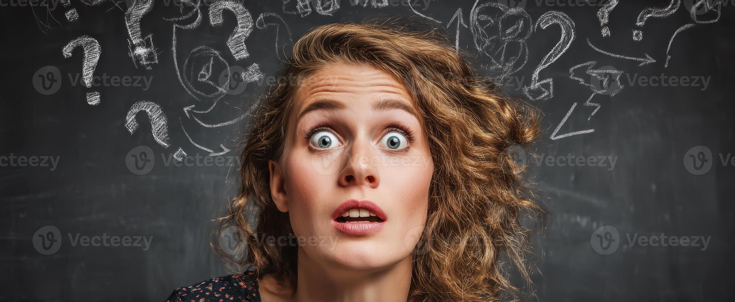 The confused woman surrounded by question marks illustrating perplexity and curiosity. photo