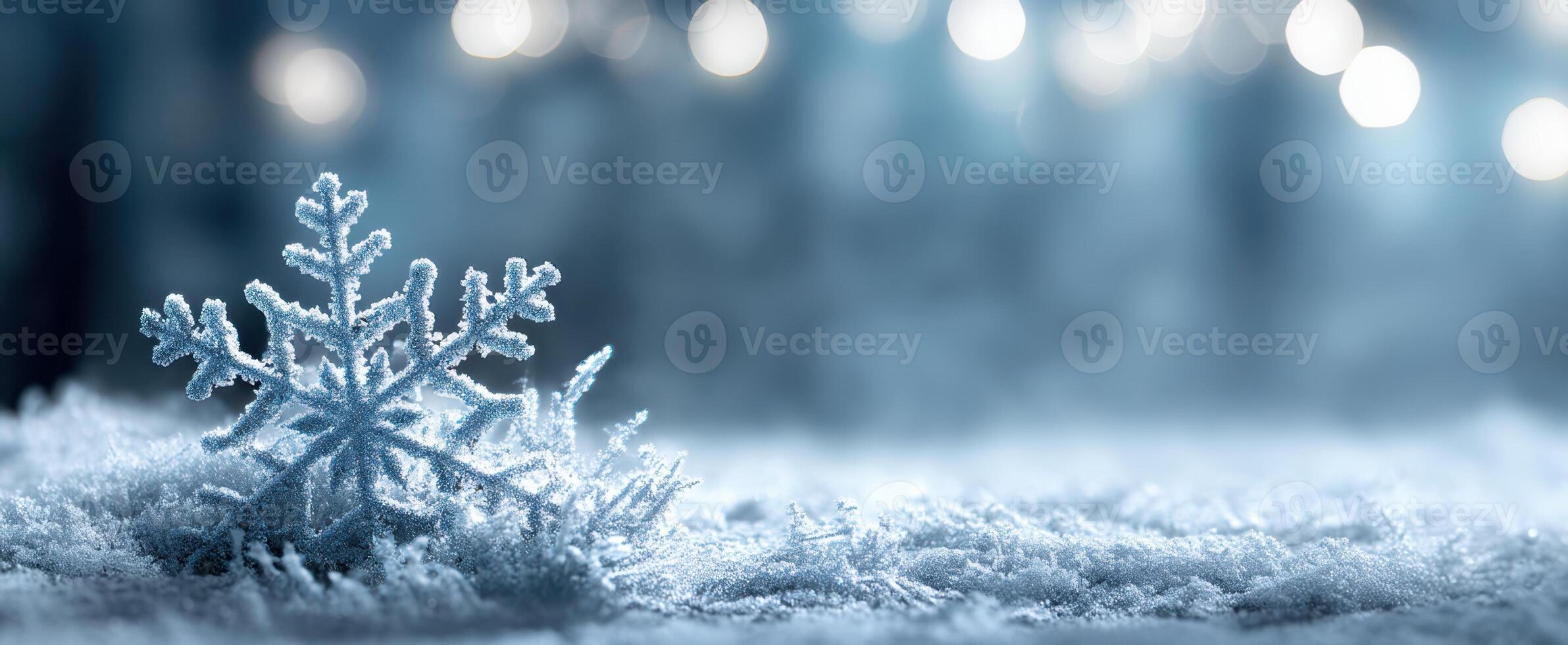 The beautiful snowflake resting gently on a bed of pristine snow photo