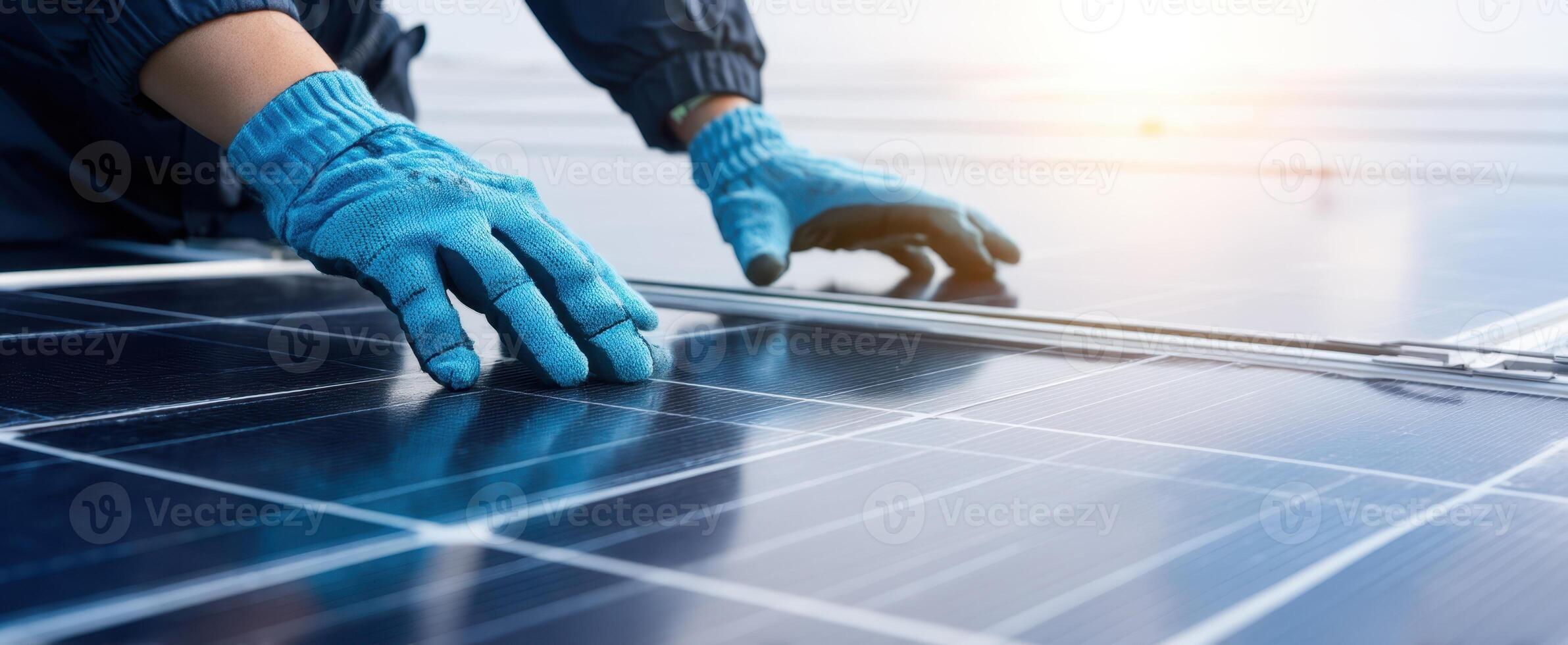 The technician installing solar panels on a rooftop with care and precision. photo