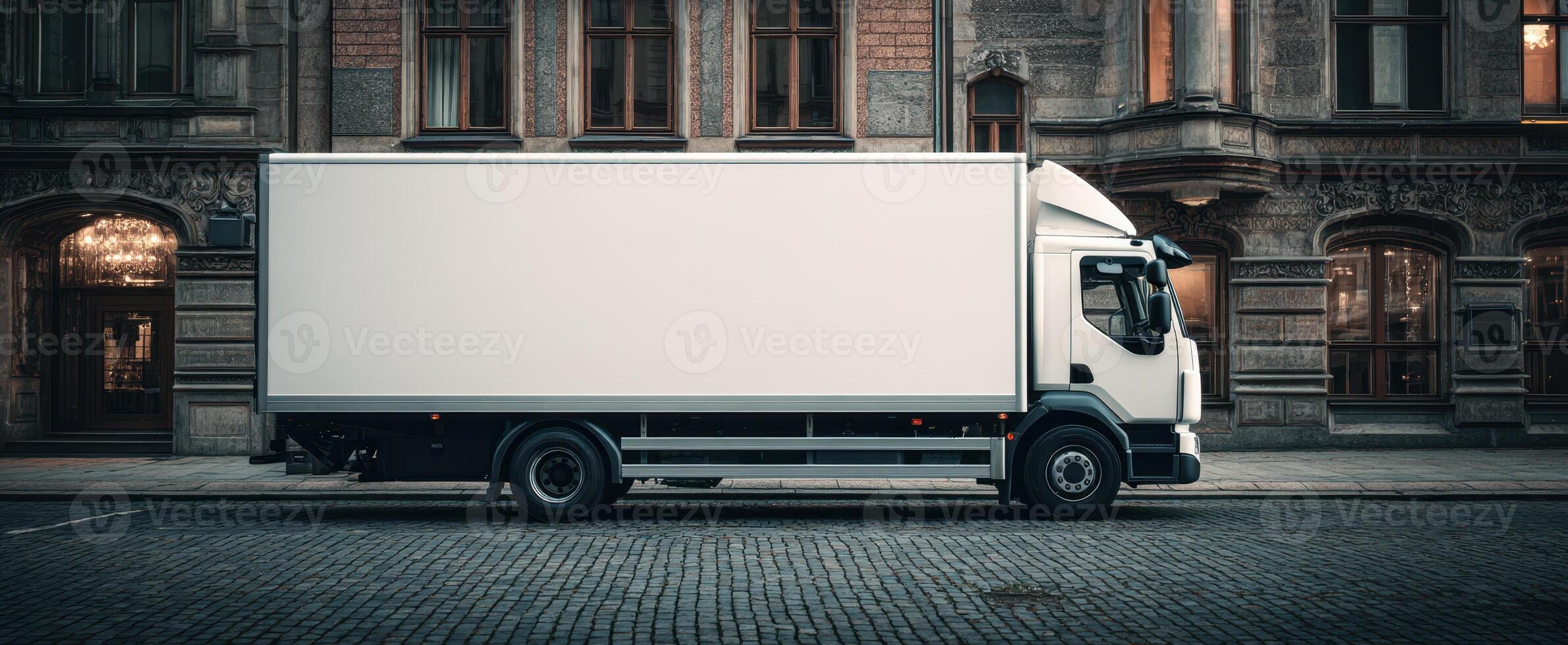 The white commercial truck parked on a city street near historic buildings. photo