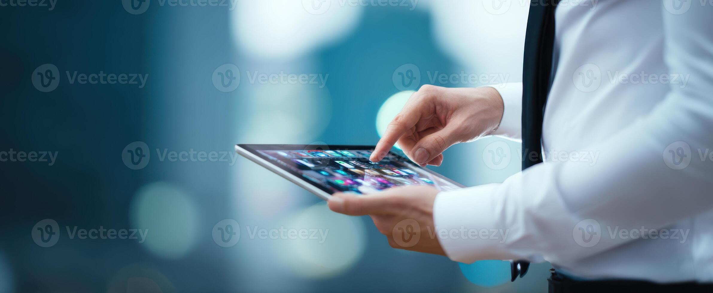 The businessman interacting with a tablet in a modern urban environment. photo