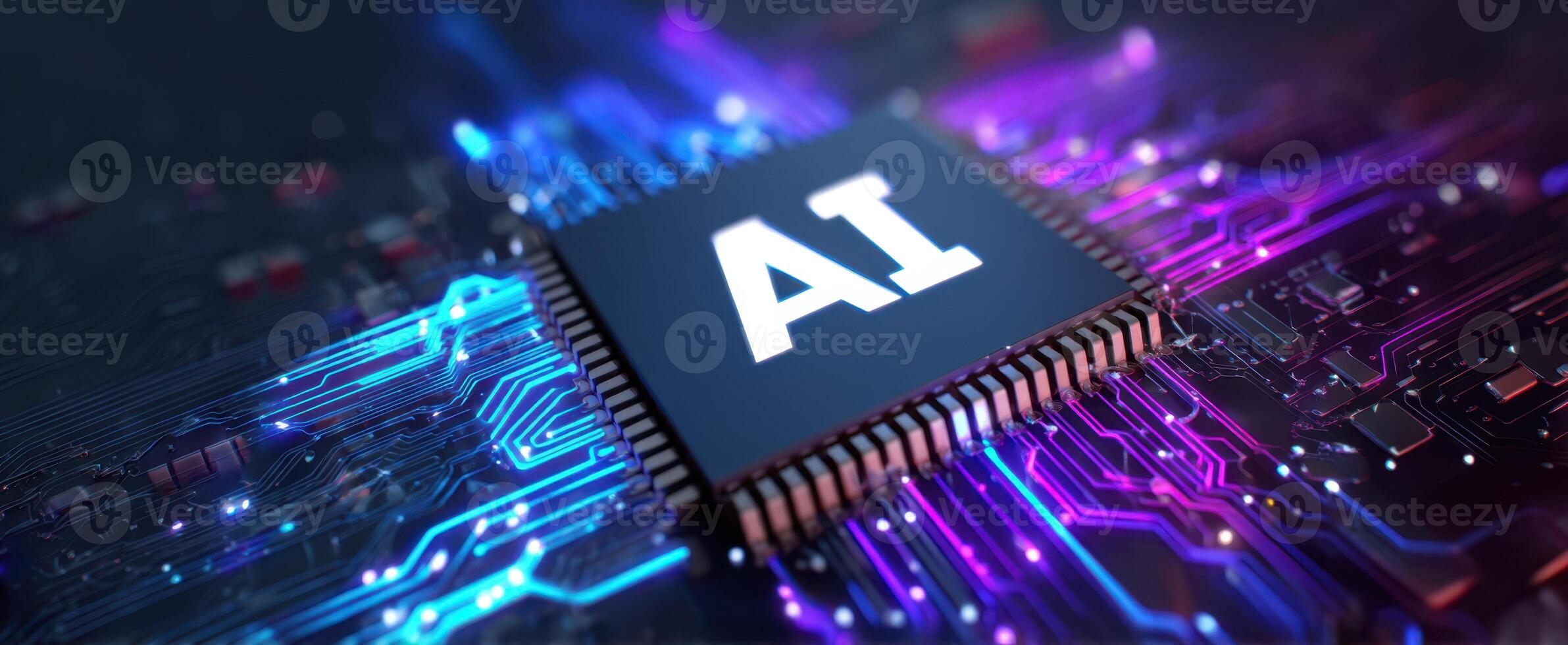 The AI microchip surrounded by vibrant digital circuits and advanced technology. photo