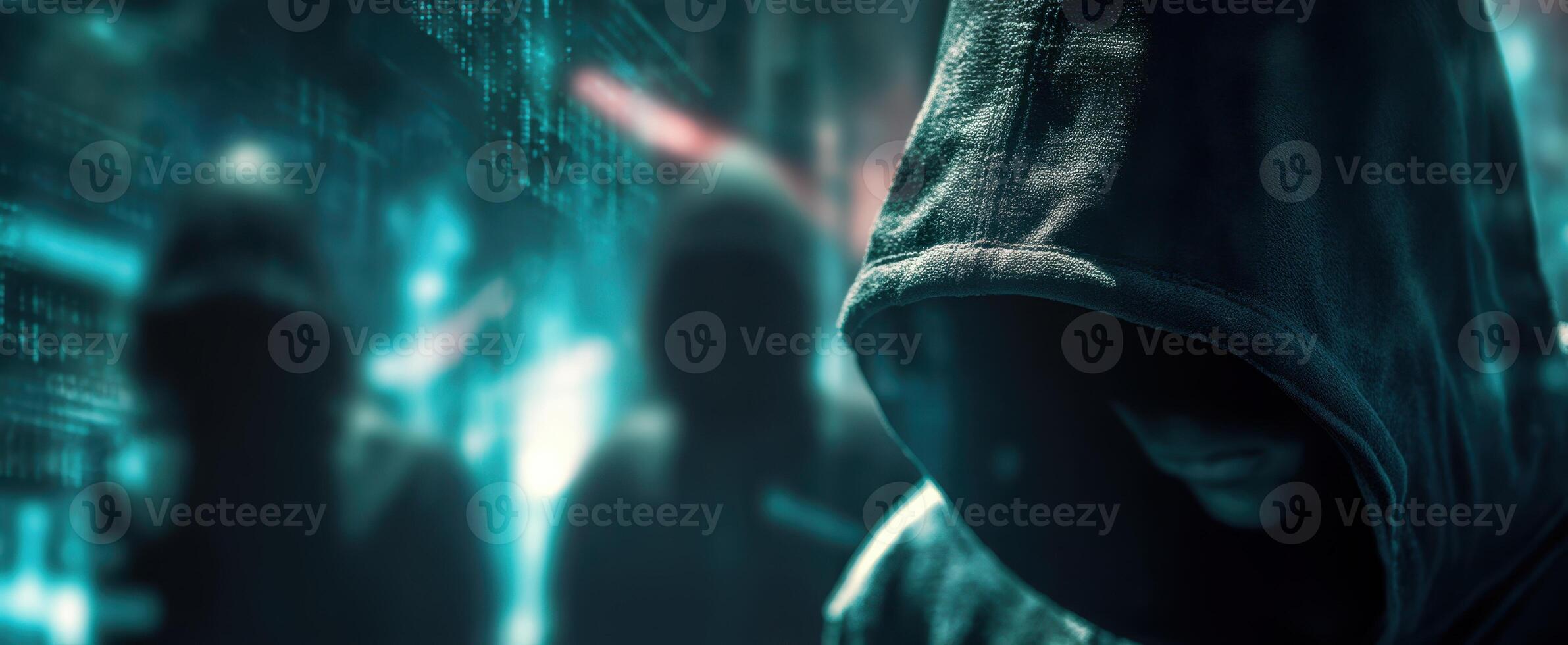 The hooded figure in a cyberpunk world of digital threats and shadows. photo