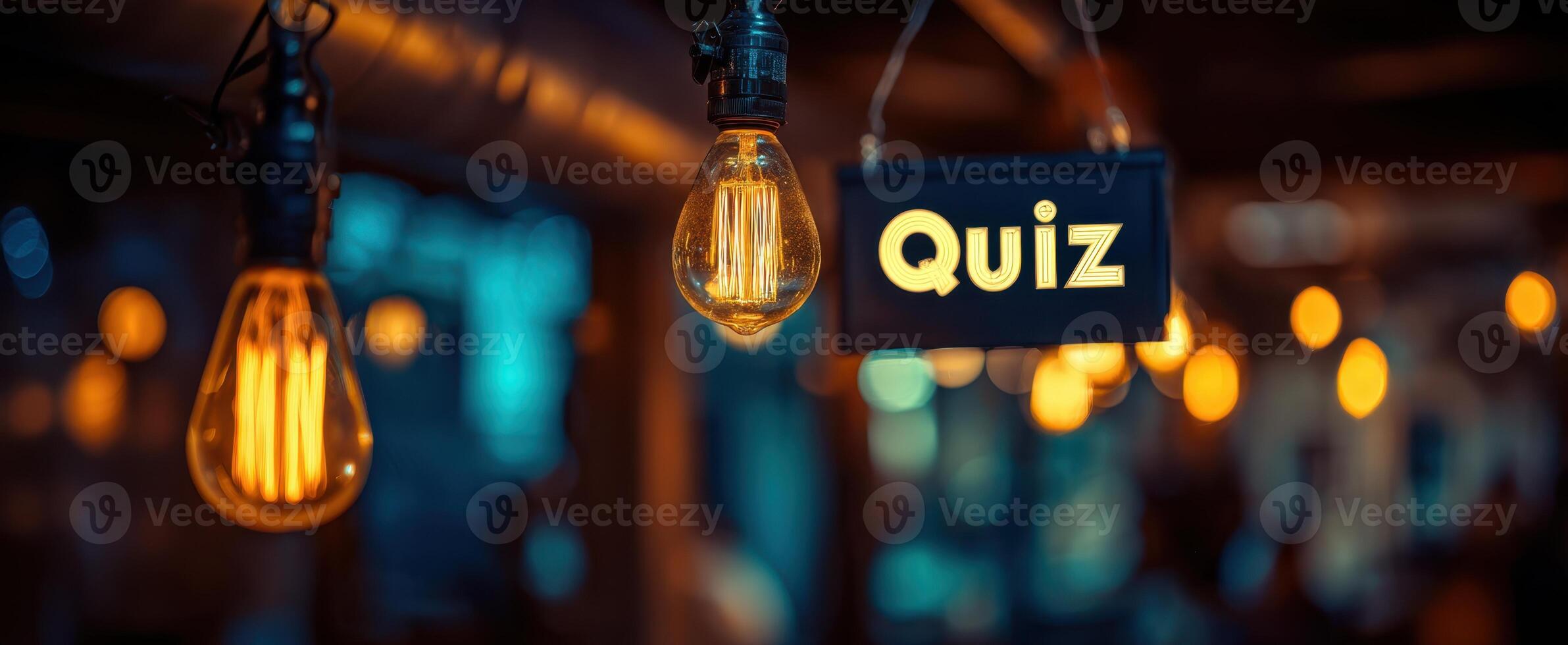 The Quiz Sign Illuminated by Vintage Lightbulbs in a Cozy Cafe Setting photo