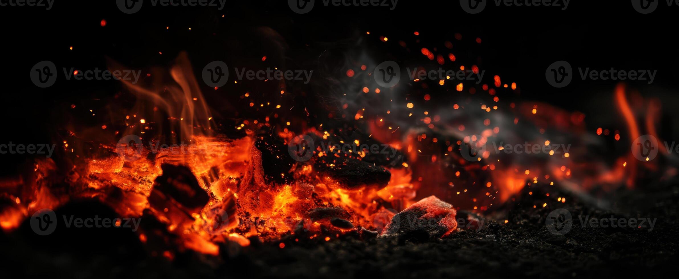 The glowing fire with embers and smoke rising dramatically in the dark. photo