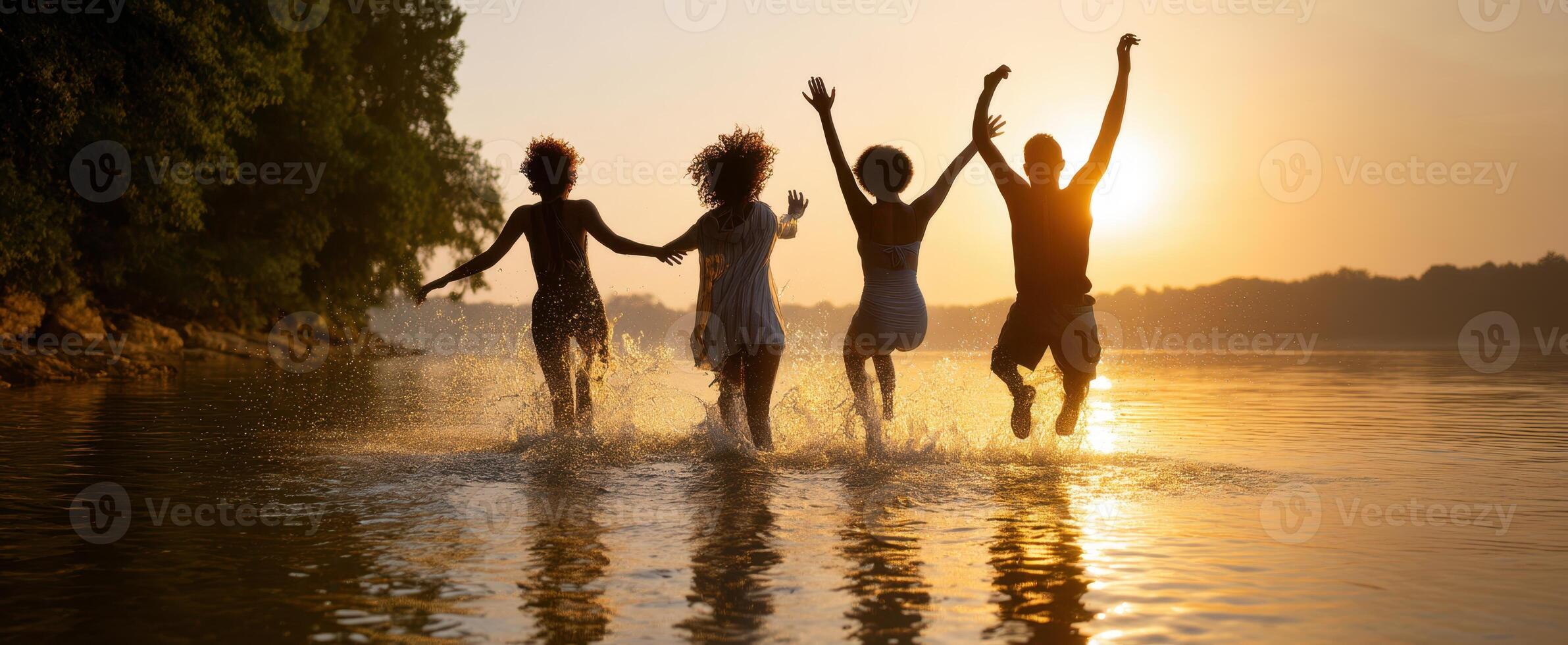 The joyful friends enjoying a sunset splash in the warm water. photo
