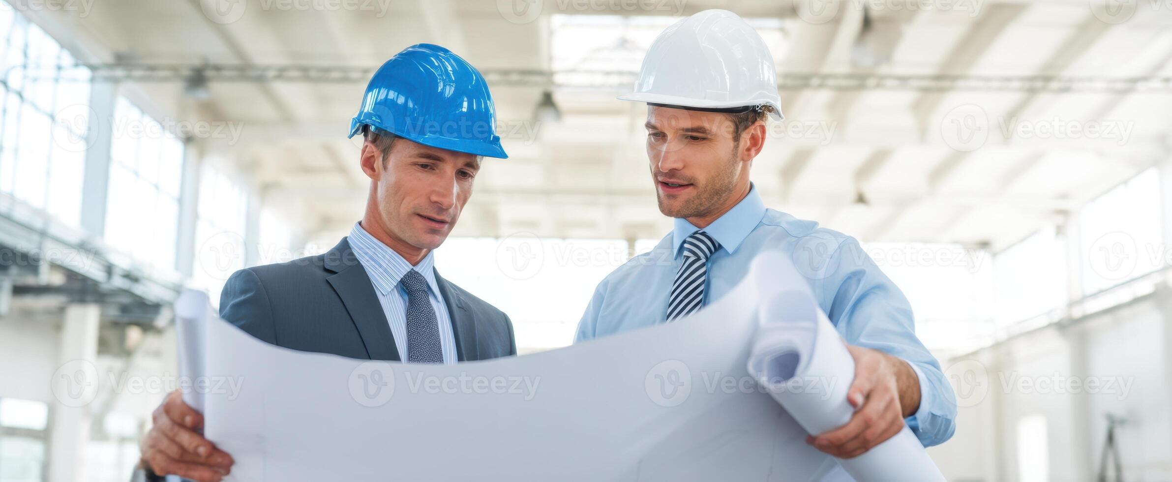 The architects reviewing blueprints for a construction project in a modern workspace. photo