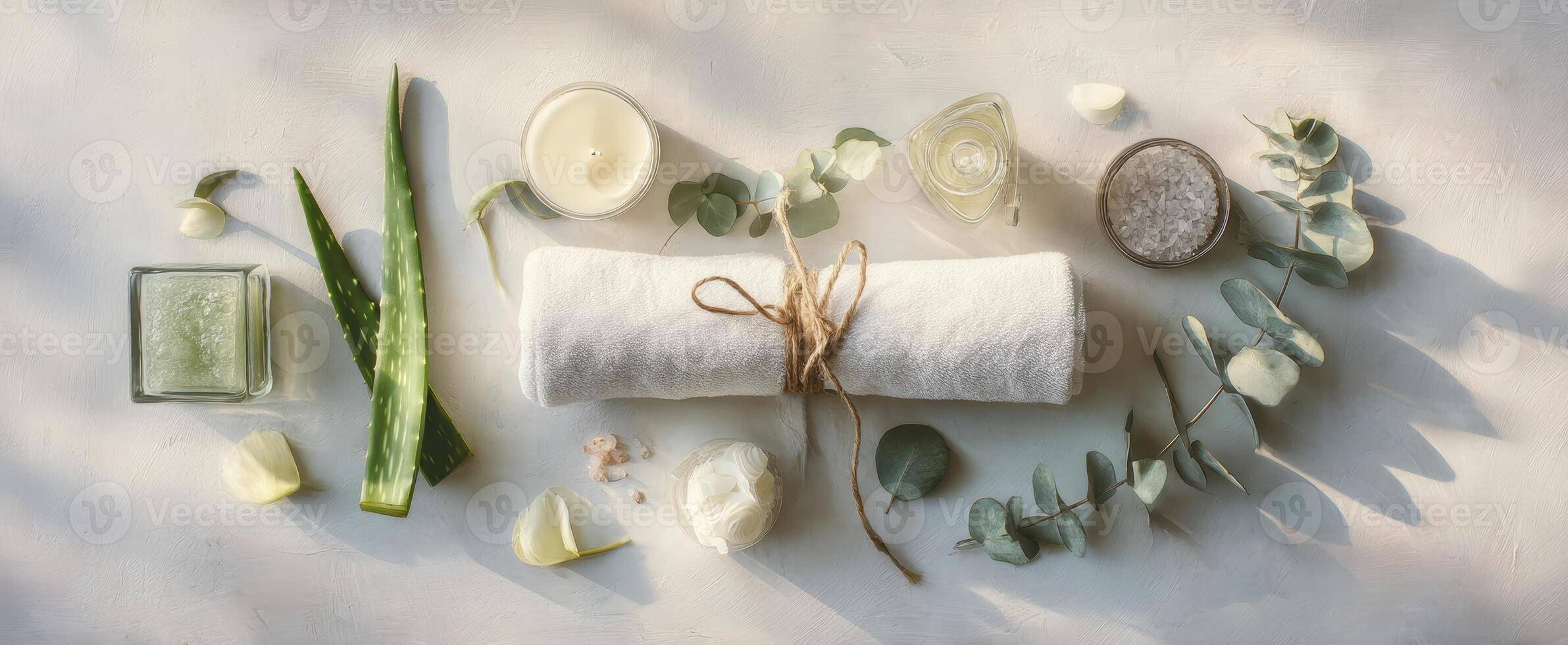 The serene arrangement of spa essentials and natural beauty products on a table photo