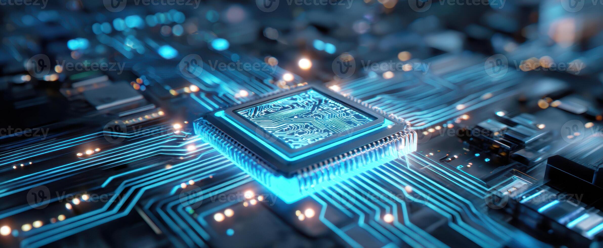 The glowing microchip on a sophisticated blue circuit board design. photo