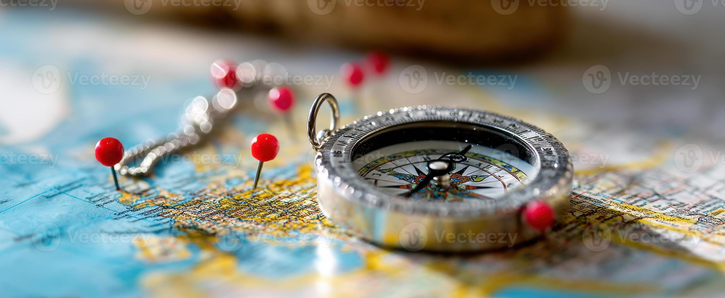 The compass resting on a detailed map with red pins for navigation photo