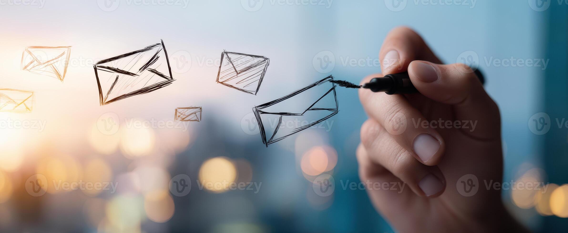 The hand drawing digital envelopes representing communication and connection. photo