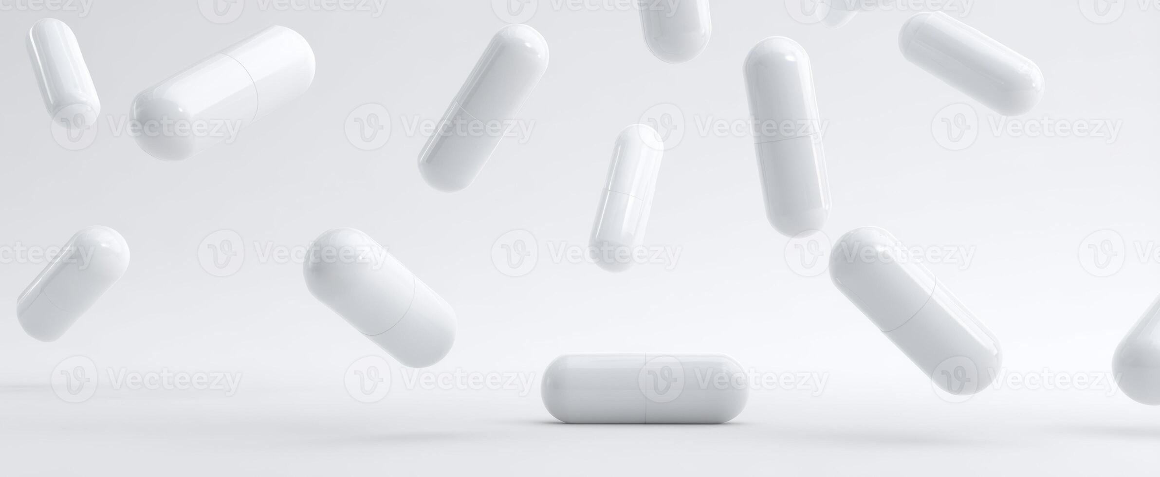 The floating white capsules in a minimalist healthcare setting. photo