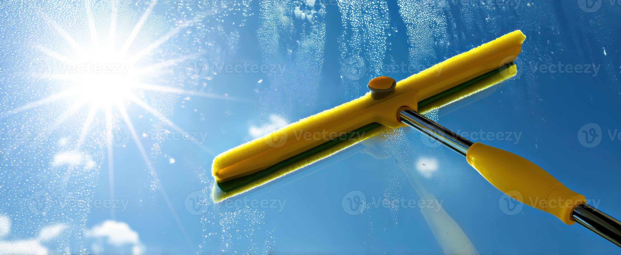 The squeegee glimmers in the sunlight while cleaning a sparkling blue window. photo