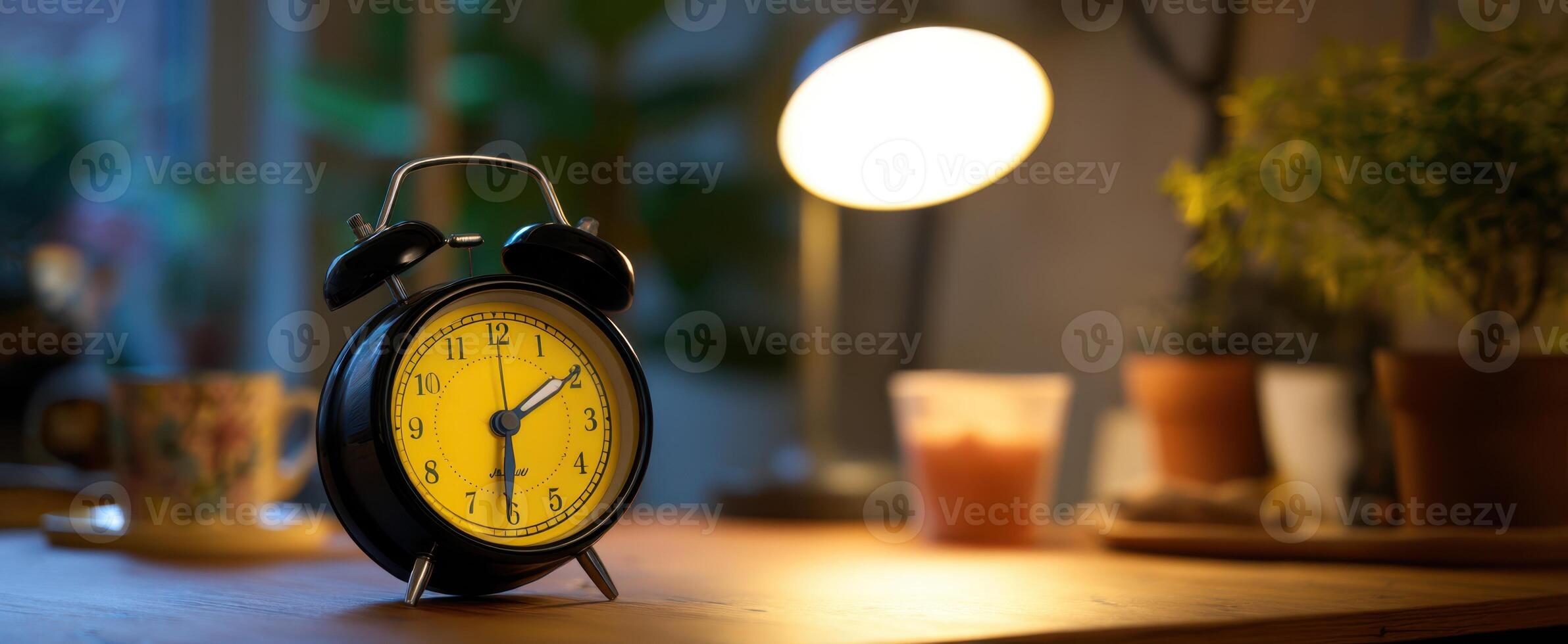 The charming yellow alarm clock illuminates a peaceful workspace atmosphere. photo