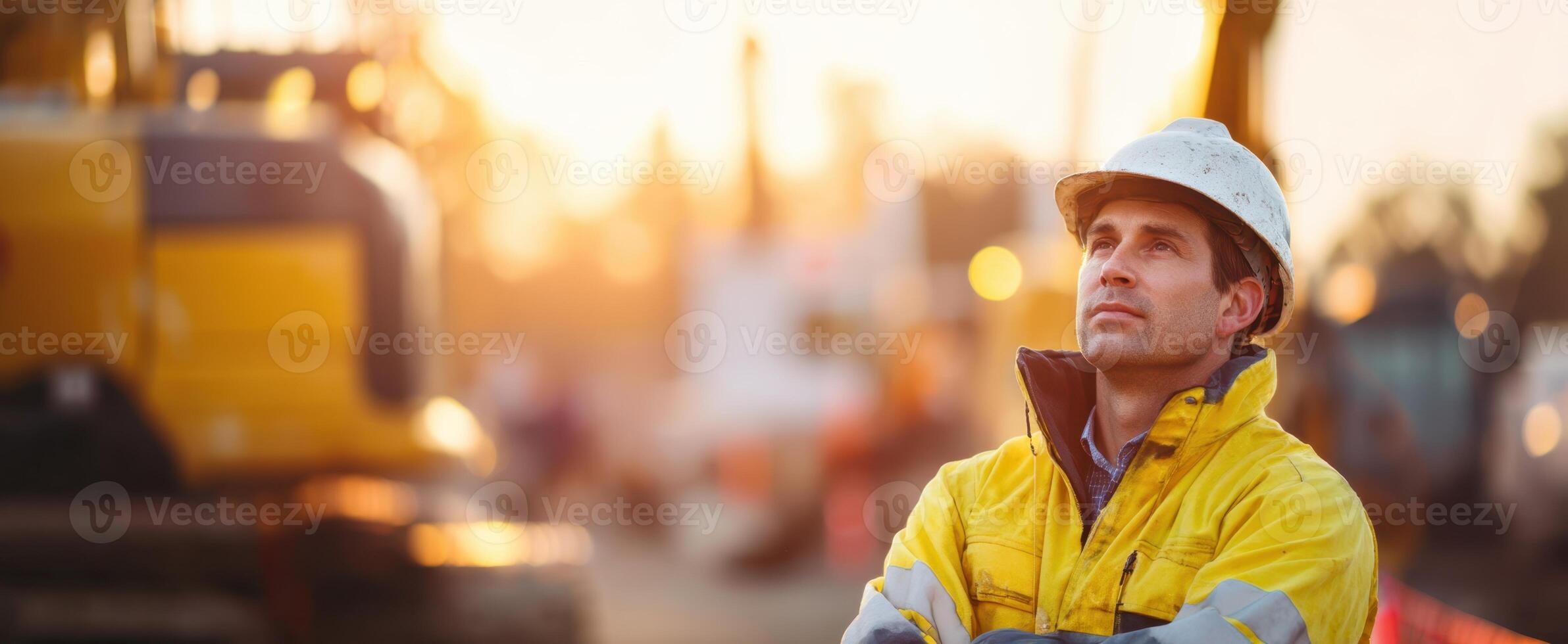 The construction worker contemplating progress at a busy job site at sunset. photo