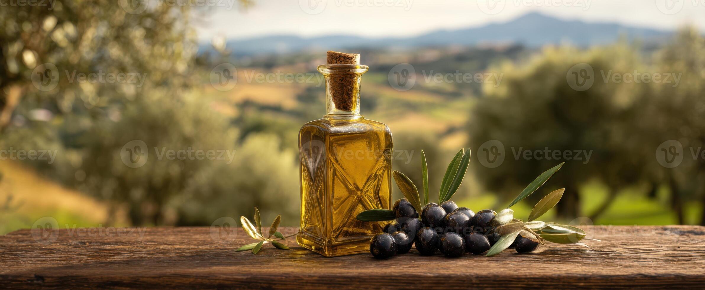 The Olive Oil Bottle Surrounded by Fresh Olives and Scenic Landscapes photo