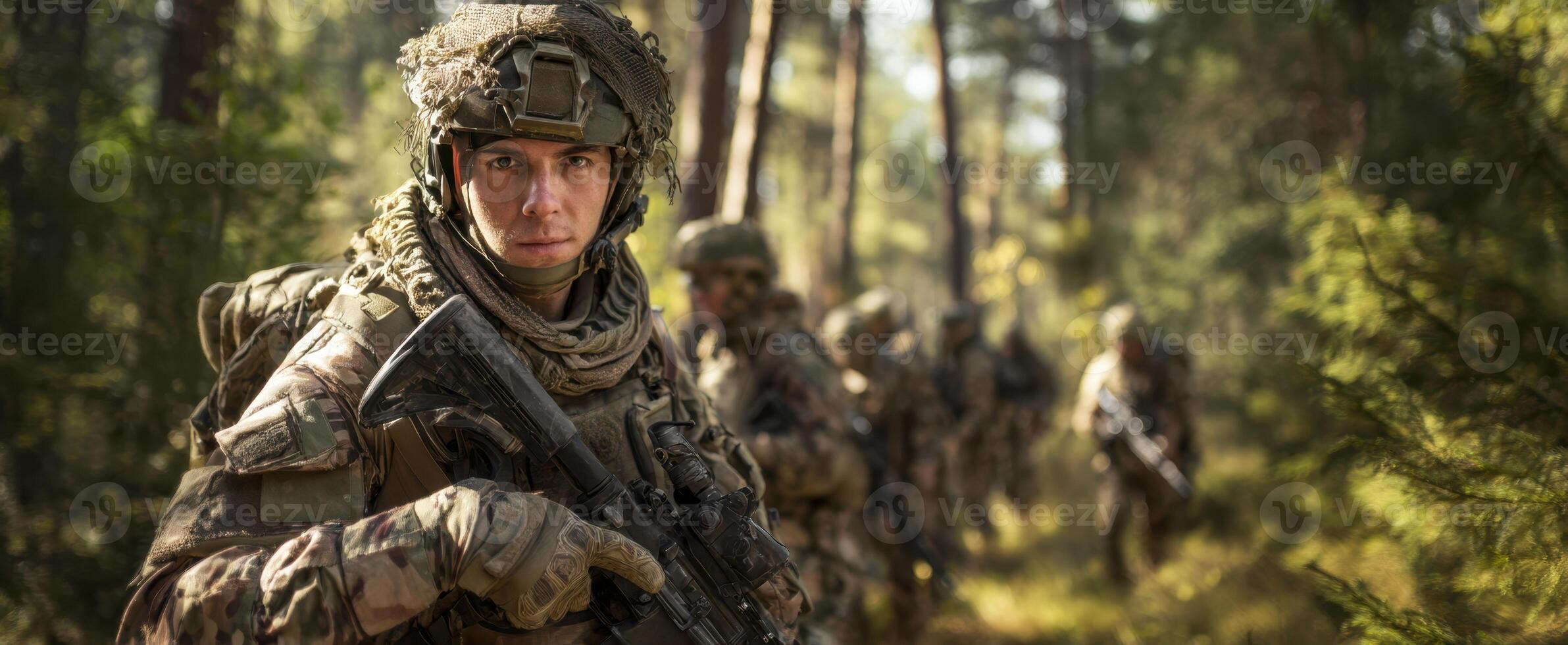 The soldier stands vigilant in a forest, embracing teamwork and readiness in nature. photo