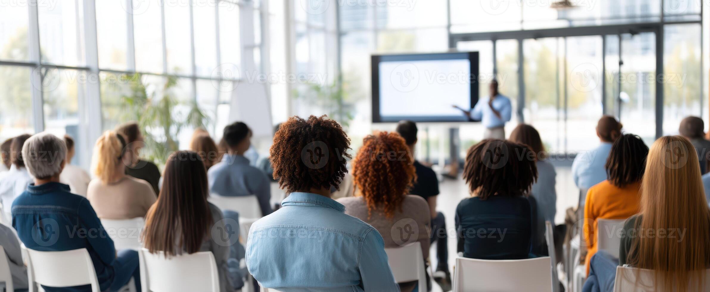 The professional audience engaged in an informative business presentation session. photo