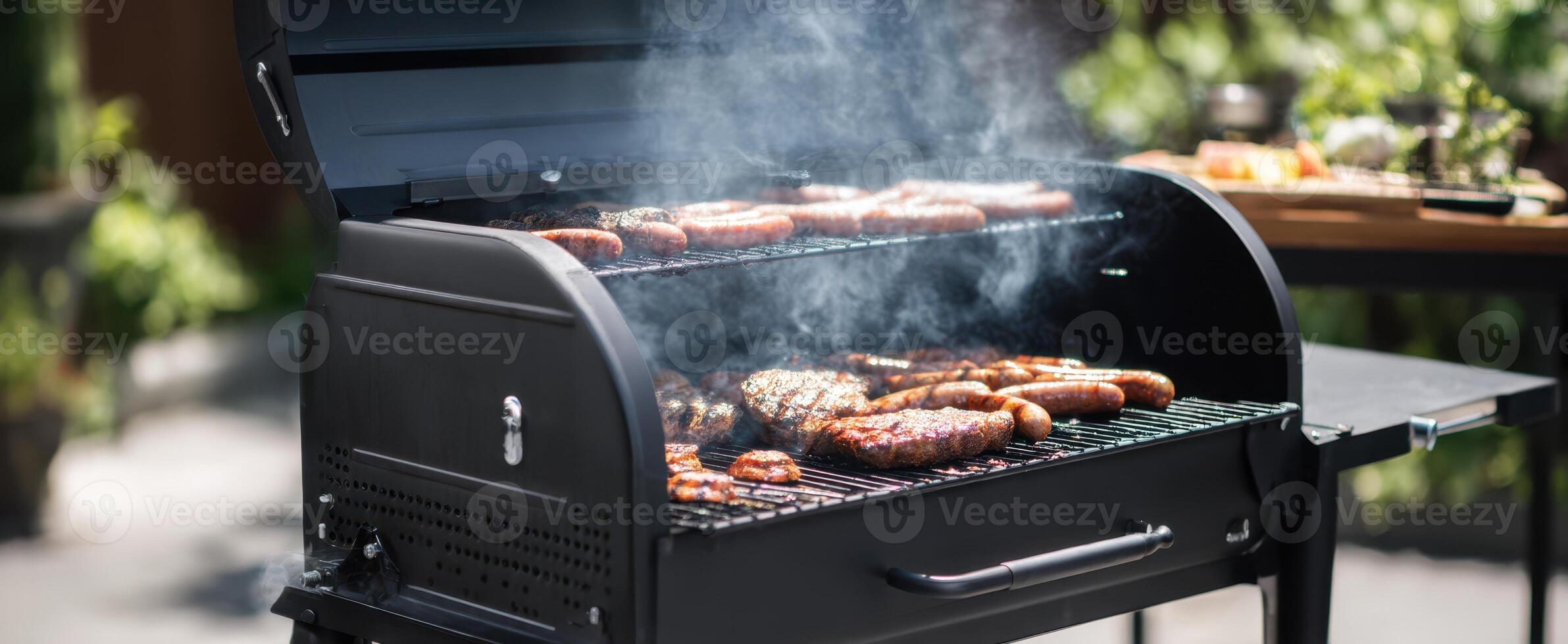The sizzling barbecue grill filled with assorted meats and vegetables in a sunny backyard. photo