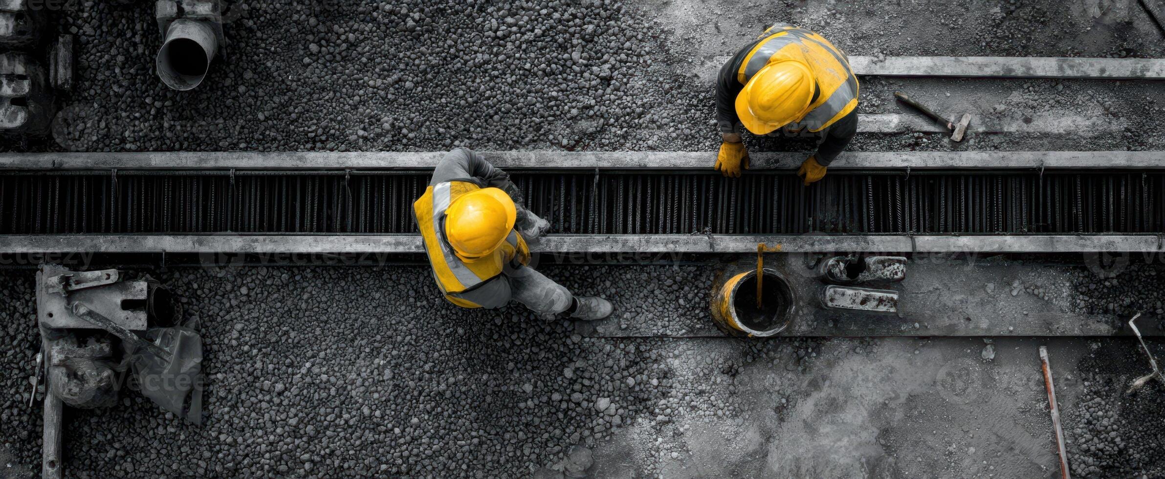 The construction workers collaborating on a project in a busy site environment. photo