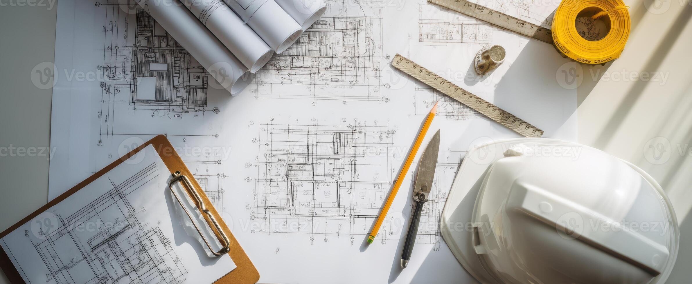 The detailed construction blueprints and tools on a workspace table. photo