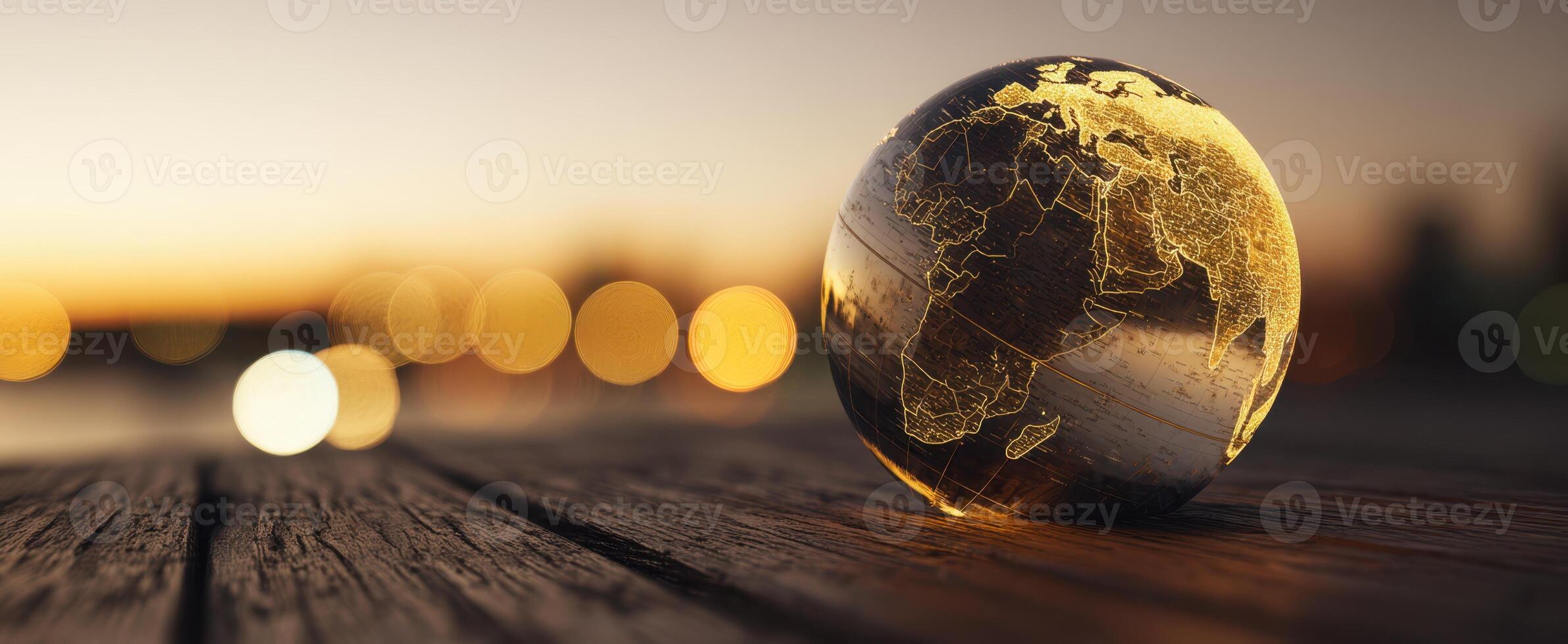 The globe illuminated by sunset hues on a wooden surface. photo