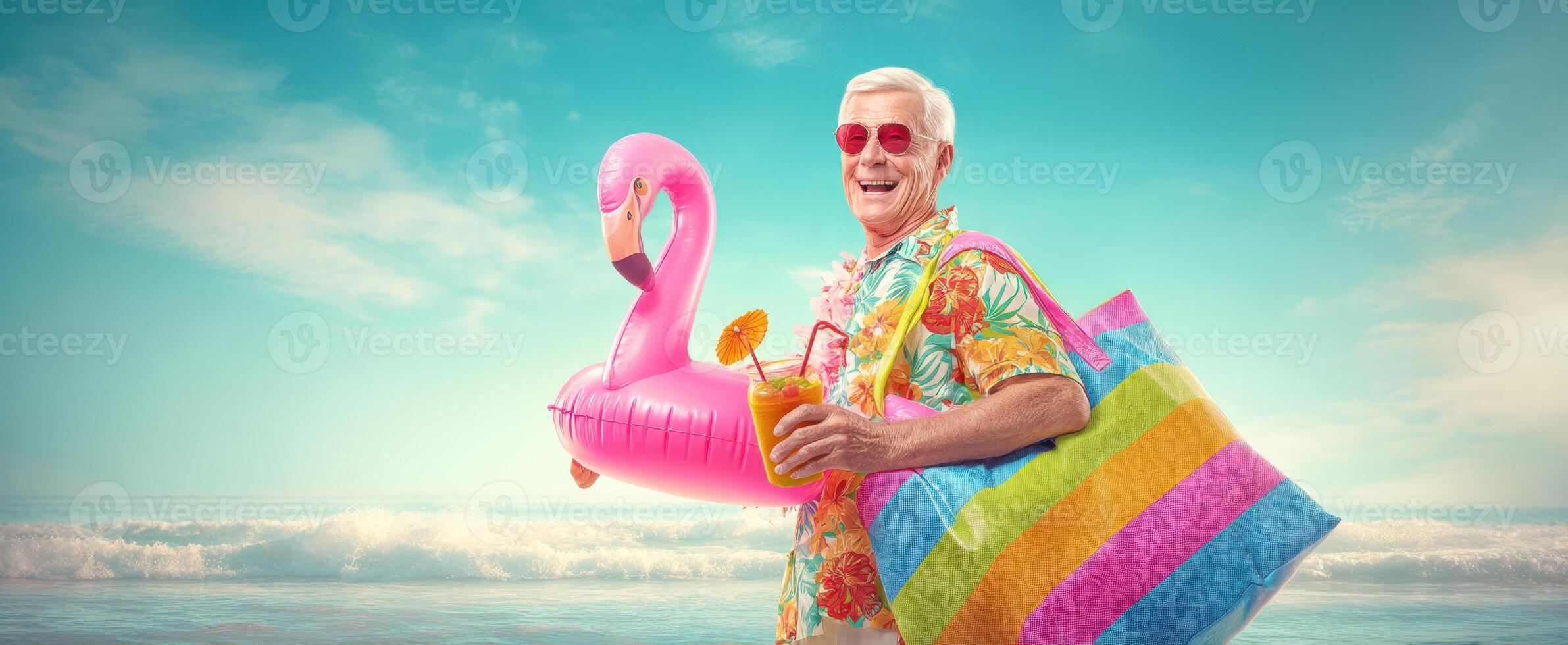 The joyful elderly man enjoying summer at the beach with vibrant accessories. photo
