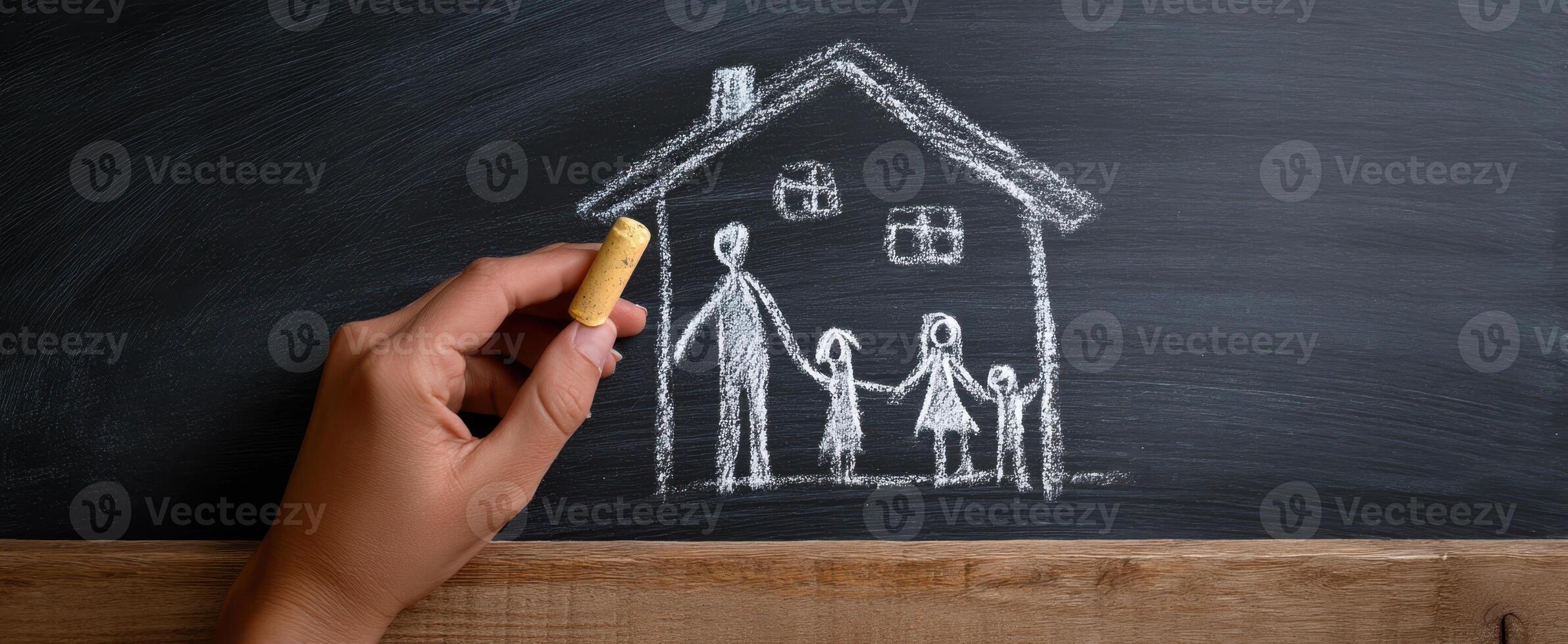 The hand drawing a family sketch on a chalkboard in a creative classroom. photo