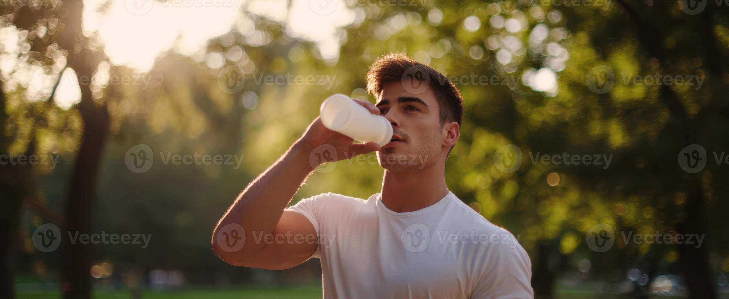 The young man enjoying a refreshing drink in a sunlit park setting. photo