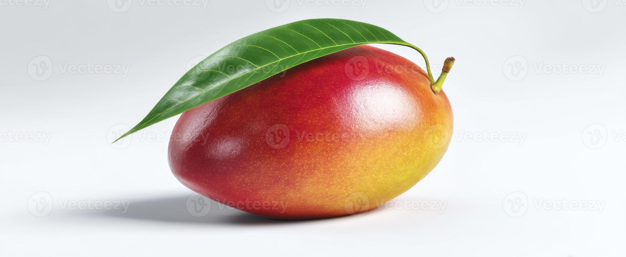 The vibrant mango garnished with a fresh green leaf on a white background. photo