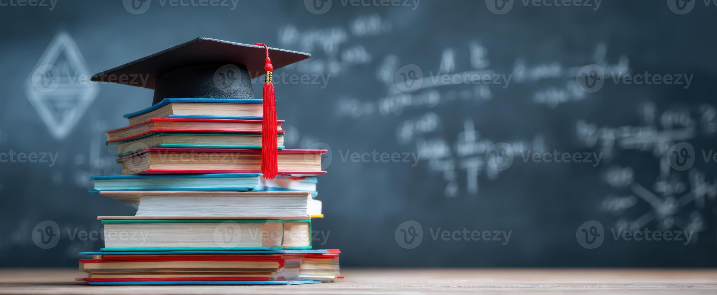 The graduation cap balances atop a stack of colorful textbooks in a classroom. photo