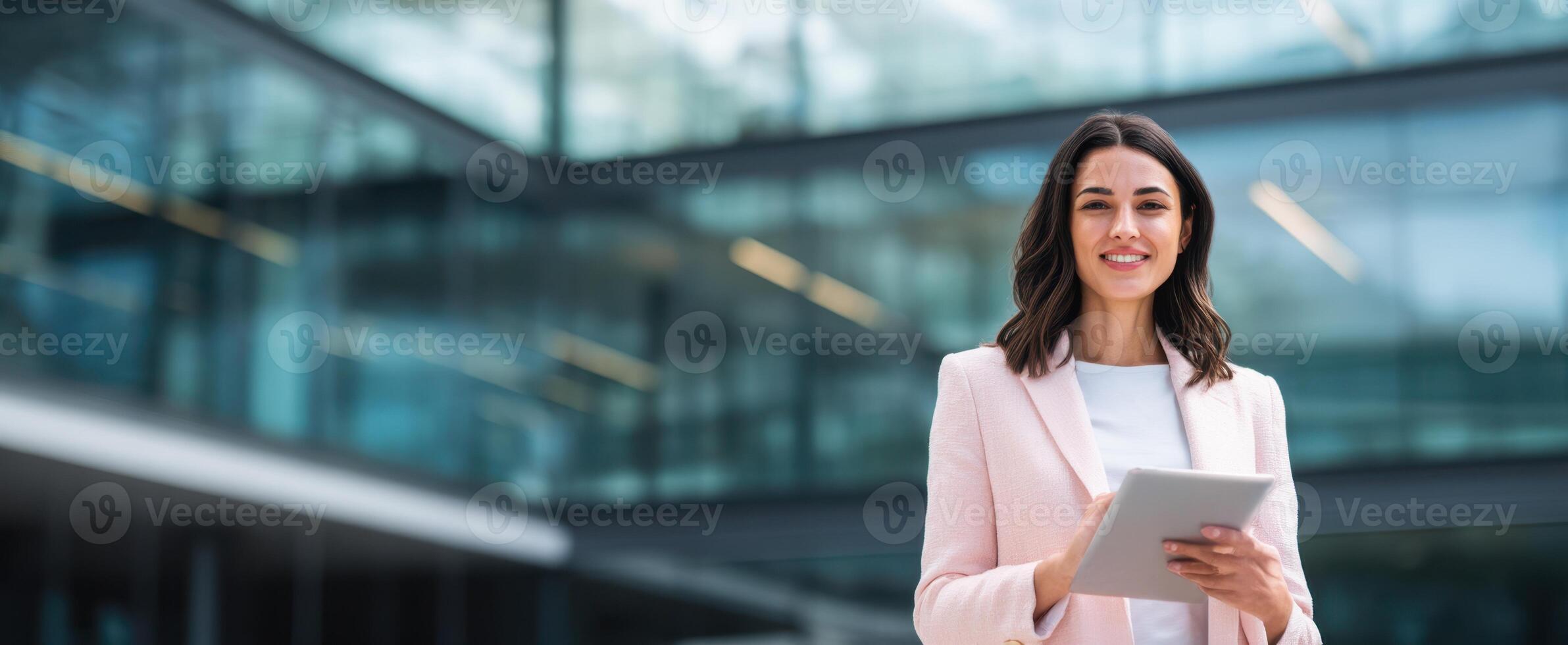 The professional woman using a tablet in a modern urban environment. photo