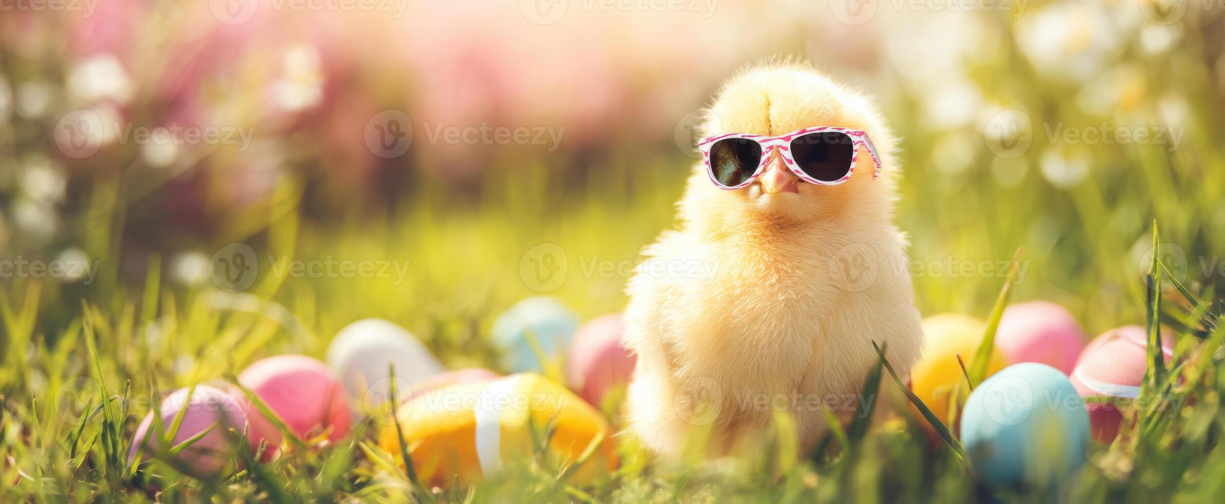 The adorable chick wearing sunglasses among colorful Easter eggs in a sunny garden. photo