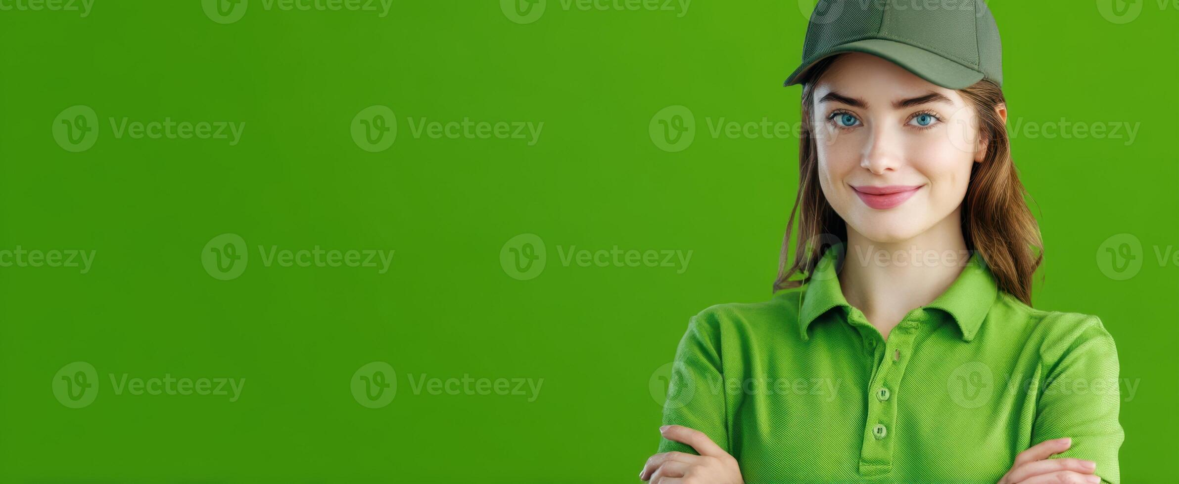 The confident woman in green uniform smiles for a promotional portrait. photo
