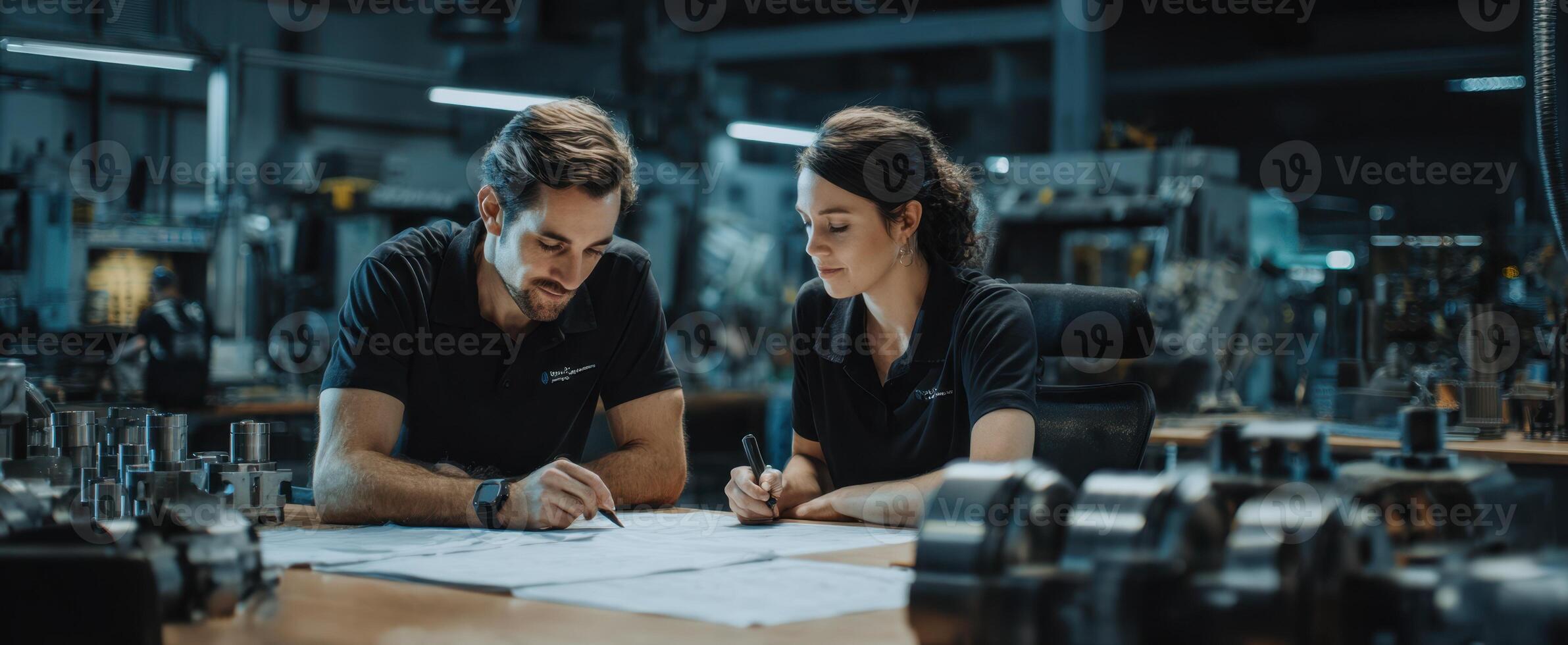 The engineers collaborate on technical drawings in a modern workshop environment. photo